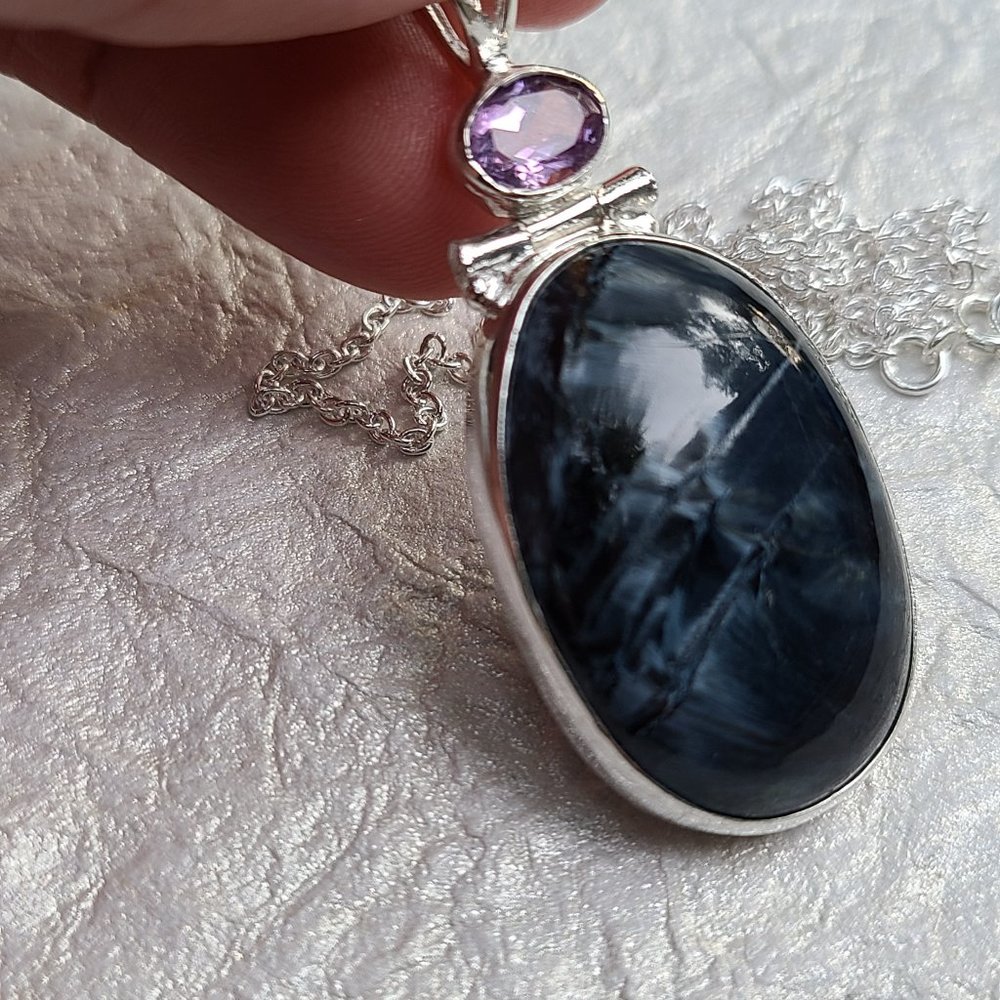 Pietresite and Amethyst Sterling Silver Pendant-Chunky Pietresite Pendant - Picture 5 of 6